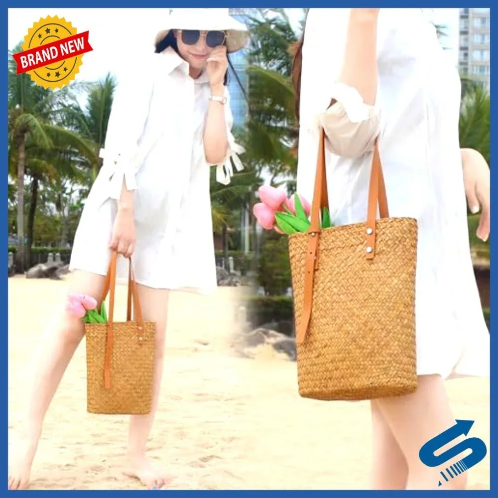 Natural Rattan Woven Tote Bag Handmade Beach Purse Summer Vacation Boho